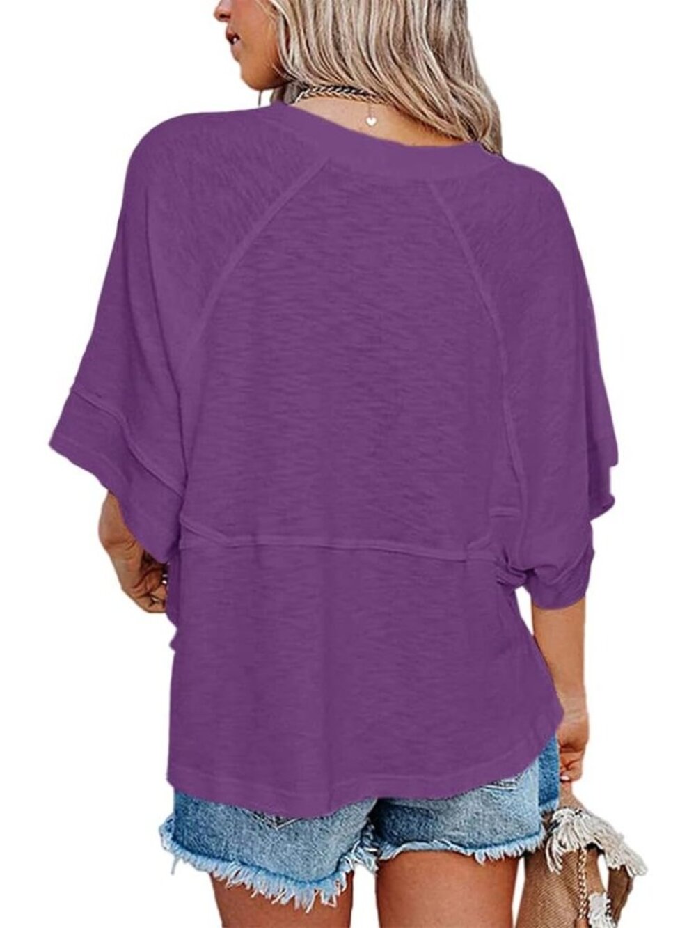 Women's Purple Casual Crew neck Batwing Half Sleeve T-Shirts Tops Tees Blouses - Picture 3 of 3